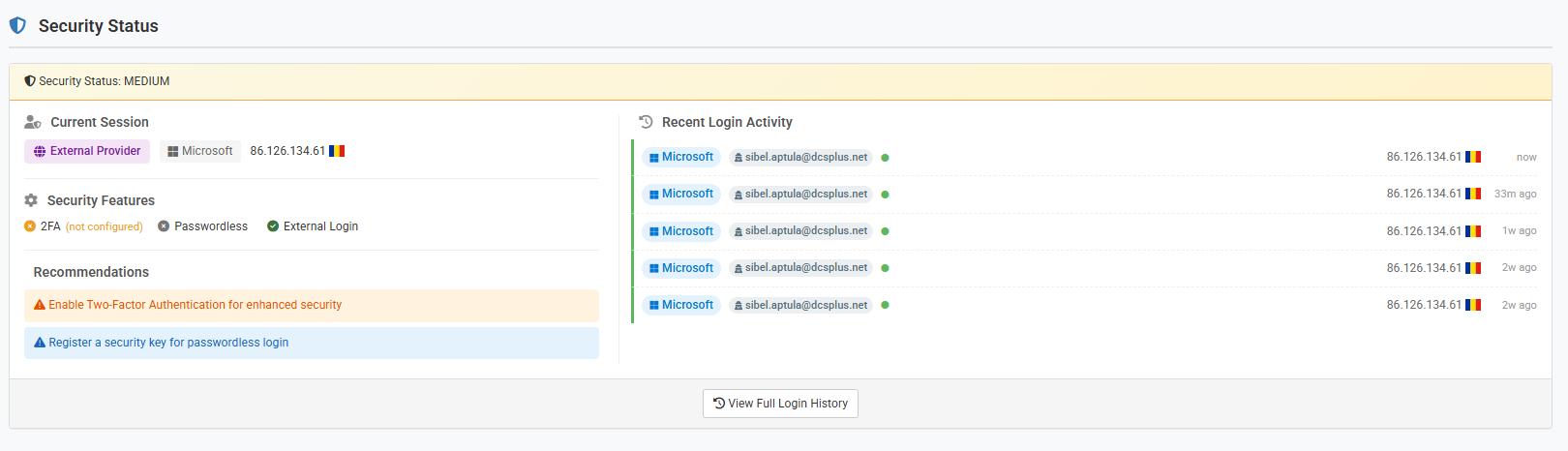 Security Status Dashboard Section